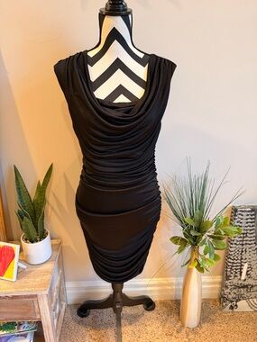 Express Black Draped Ruched Midi Dress Small